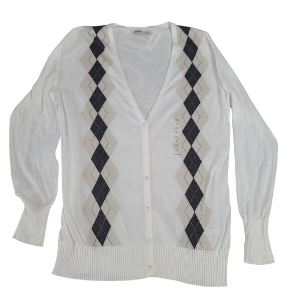 Old Navy Y2K women's cardigan white Argyle NWT Size Large Light academia Preppy - Picture 1 of 9